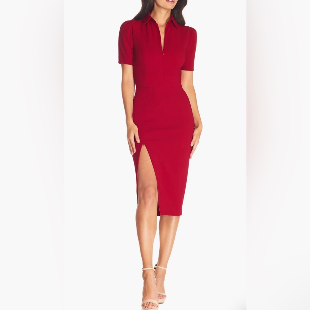Dress the Population Gloria Front Zip Sheath Dress Red Garnet M